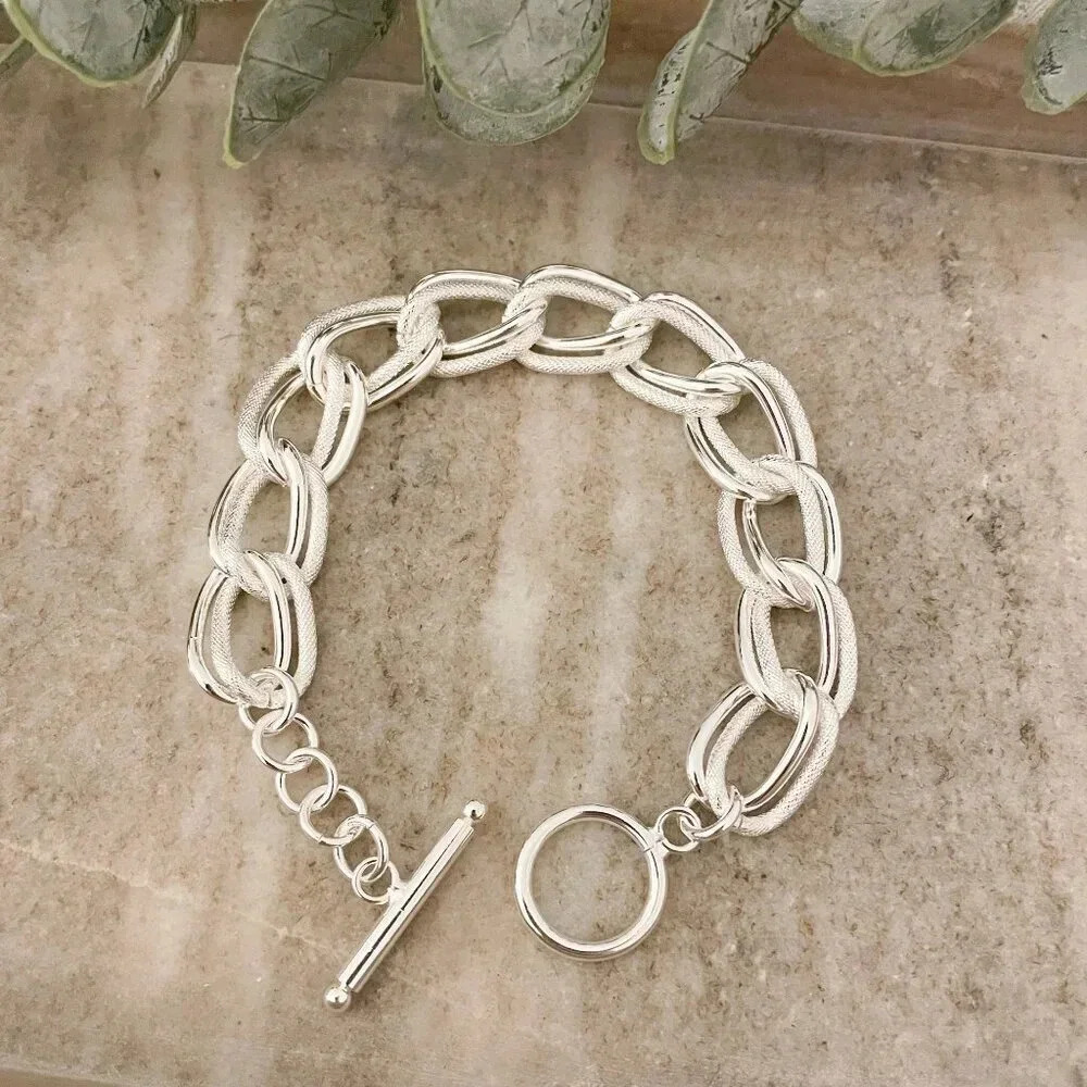 925 Sterling Silver Chunky Chain Link Toggle Bracelet Silver Statement Bracelet - Picture 3 of 8